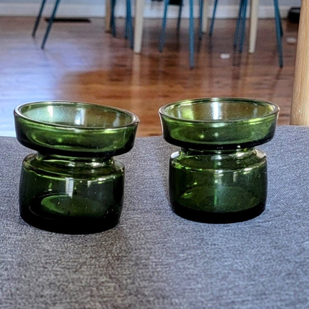 Two Vintage Dansk Danish Forest Green Glass Candle Stick Holders